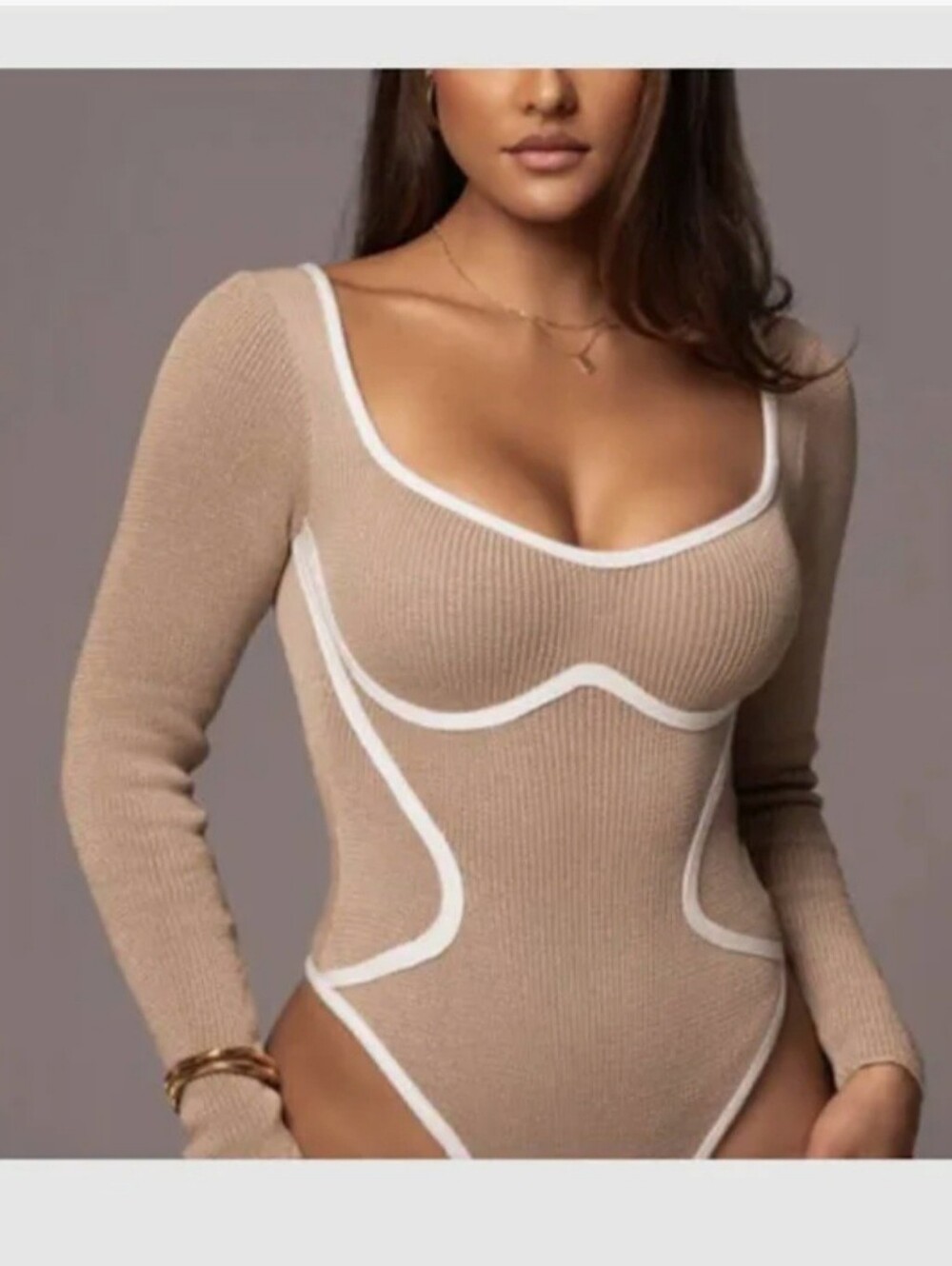 Jluxlabel Beige Ribbed Long-Sleeve Bodysuit with White Trim